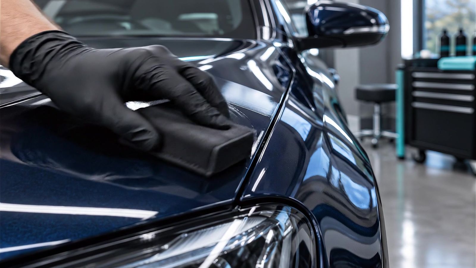 Medewerker met een applicator op de motorkap van een donkerblauwe auto