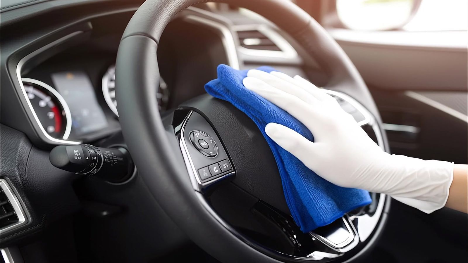 Medewerker maakt het stuurwiel van een auto schoon met een blauwe doek