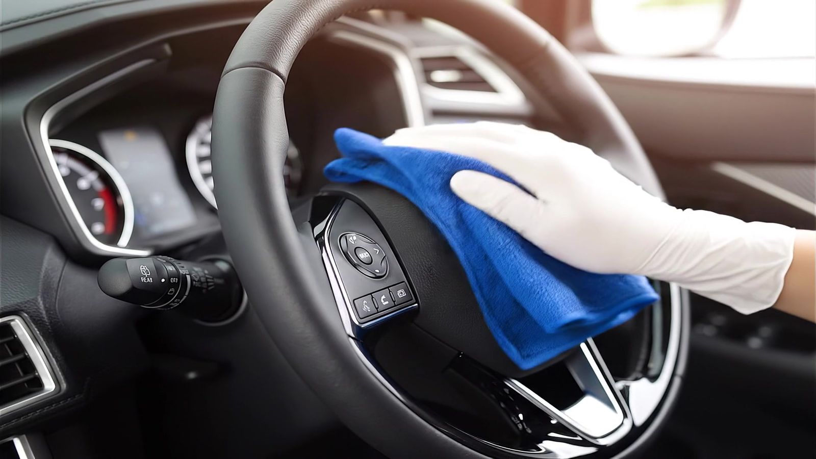 Handschoen met doek op het dashboard en stuurwiel van een auto