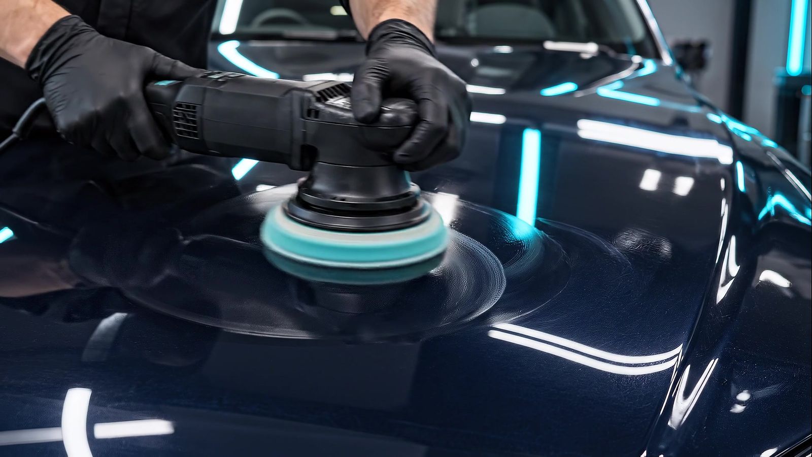 Polijstpad op de motorkap van een donkerblauwe auto
