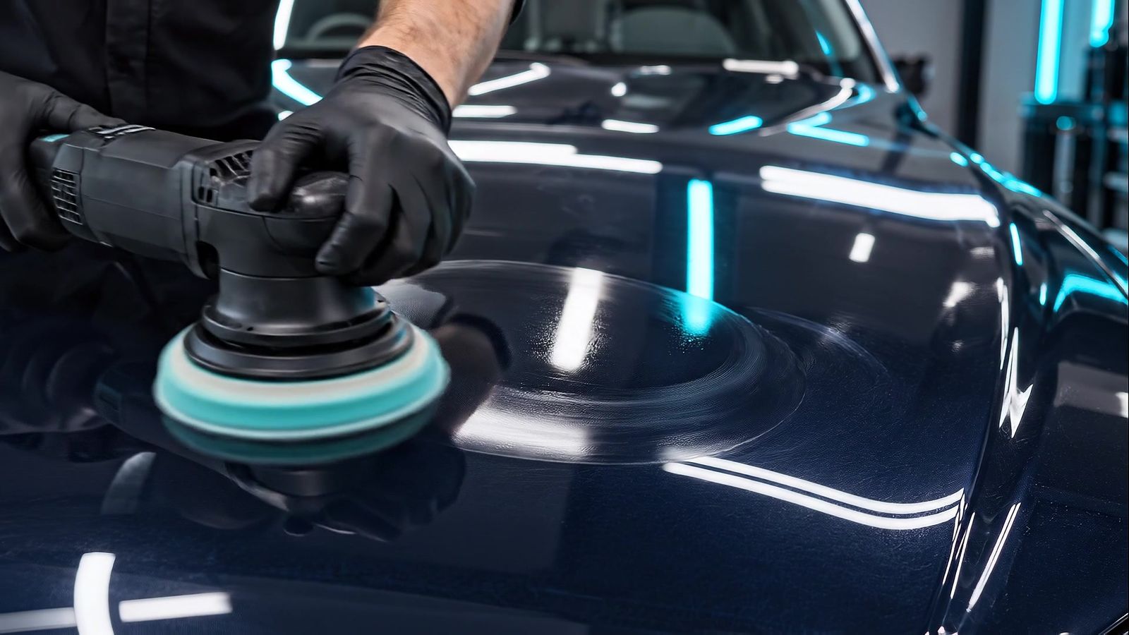 Polijstmachine met een blauw pad op een glanzende donkerblauwe motorkap