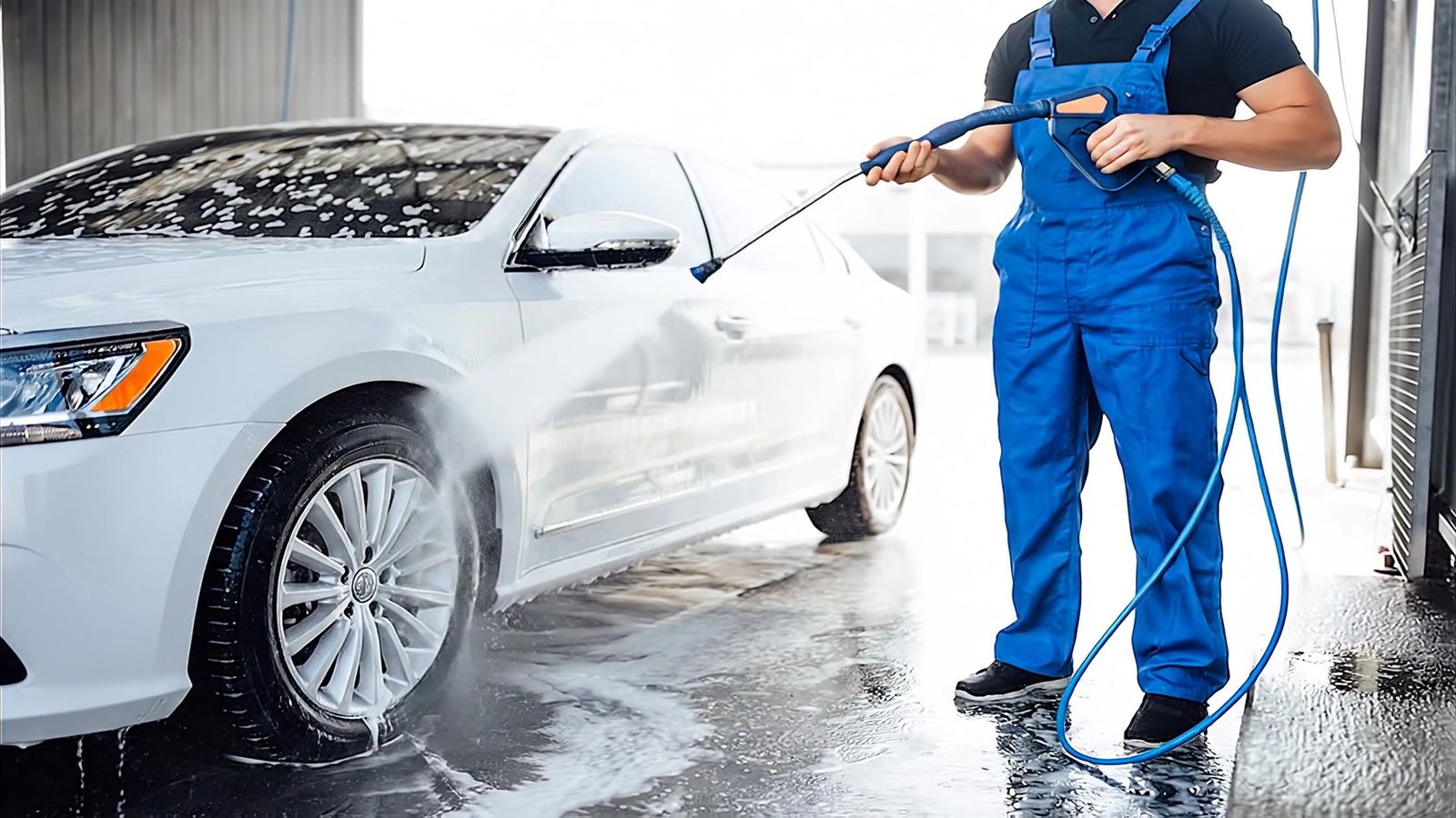 Medewerker van Bubble Wash spuit een witte auto af met de hogedrukspuit